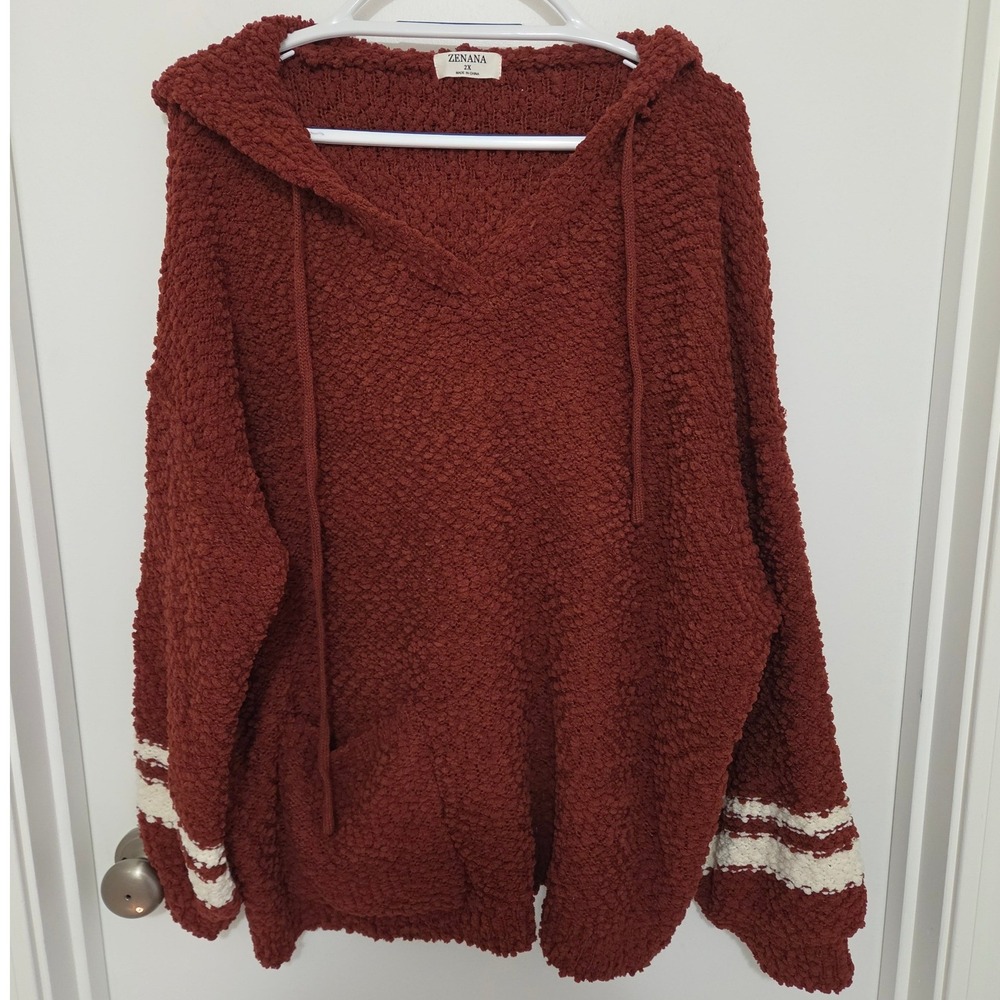 Zenana Rust Red Popcorn Knit Hoodie Varsity Stripe 2X TW-2122XBA